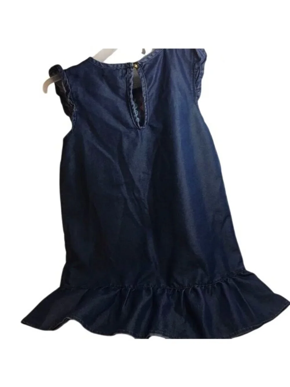 Kenzie Girls Dress Denim Blue Colorful Embroidery Ruffle Hem Ruffle Cap Sleeves